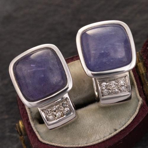 Hefty Cushion Tanzanite Cabochon Earrings 14K White Gold