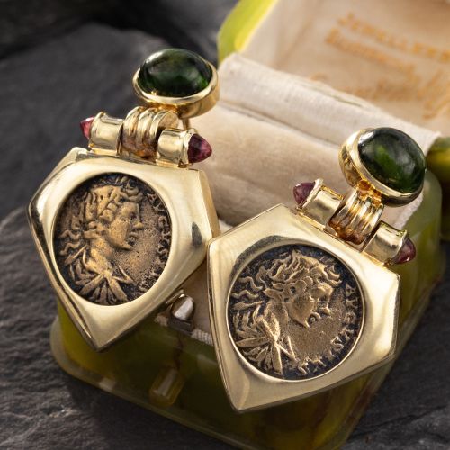 Augustus Ancient Coin Tourmaline Earrings 14K Yellow Gold