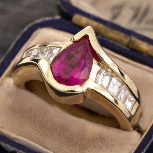 Rubellite Tourmaline & Baguette Diamond Ring 14K Yellow Gold 