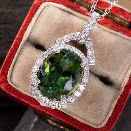 Oval Green Tourmaline Pendant Necklace w/ Diamond Accents in 18K White Gold