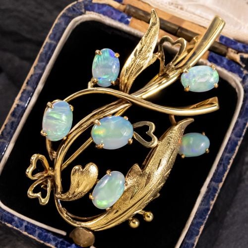 Vine Design Opal Brooch Pin 14K Yellow Gold