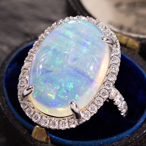 Large Crystal Opal Diamond Halo Ring 14K White Gold