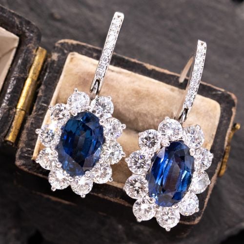 Oval Sapphire Diamond Halo Dangle Earrings Platinum/ 18K White Gold