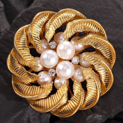 Vintage Tiffany & Co. Pearl & Diamond Leaf Brooch 18K Yellow Gold