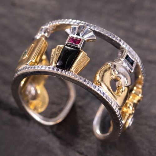 Two Tone Figure Ring Emerald Ruby & Sapphire 18K Gold Size 7.5