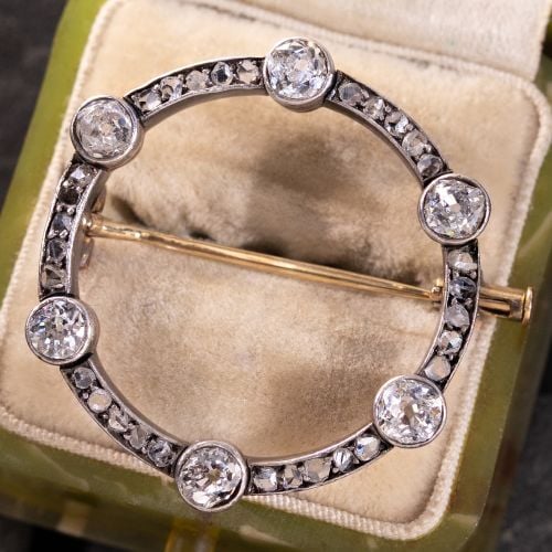 Victorian Diamond Circle Brooch Pin Sterling Silver Topped 14K Yellow Gold 