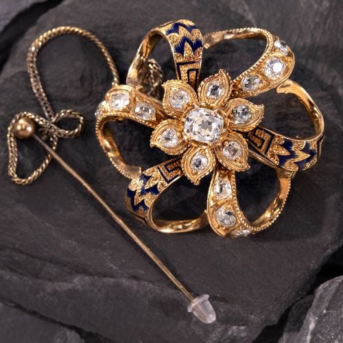 Engraved Enamel Old Mine Diamond Brooch Pin 18K Yellow Gold