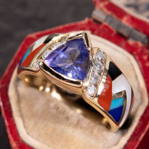 Trillion Tanzanite Ring w/ Inlay 14K Yellow Gold Size 6.75
