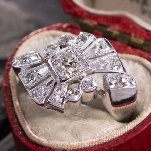 Unique Old European Cut Diamond Ring w/ Accents in 14K White Gold