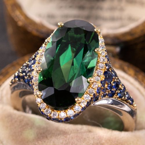 Oval Tourmaline Ring w/ Diamonds & Sapphires 18K Two Tone Gold
