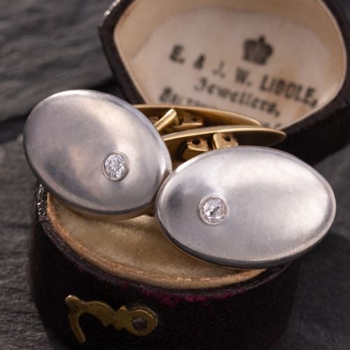 Mid Century Diamond Cufflinks Platinum Topped 14K Yellow Gold 