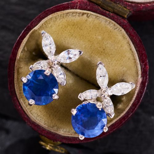 Blue Sapphire Earrings w/ Marquise Diamonds Platinum