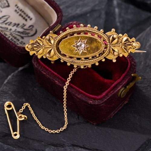 Victorian Old Euro Diamond Brooch Pin 15K Yellow Gold