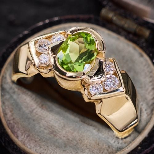 Oval Peridot Ring w/ Diamonds 14K Yellow Gold