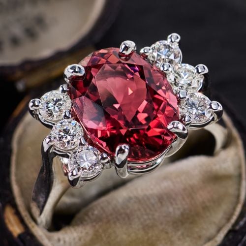 Oval Rubellite Tourmaline Ring with Diamond Accents 14K White Gold