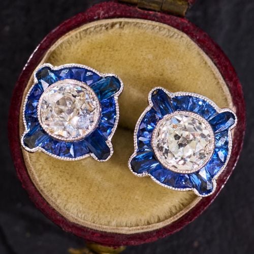 Old European Cut Diamond Earrings w/ Blue Sapphire Accents in Platinum