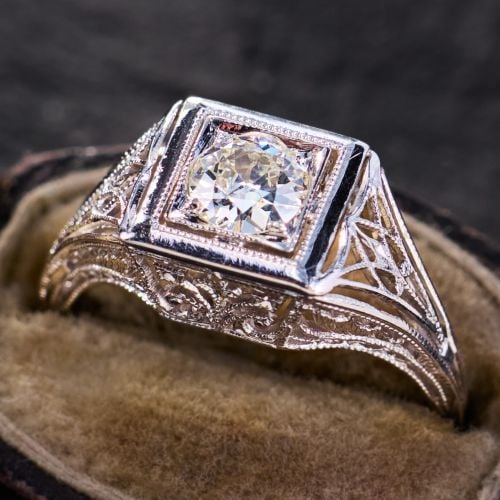 Art Deco Old European Diamond Filigree Platinum Ring .33Ct I/VS1