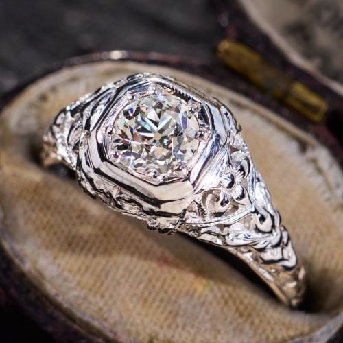 Vintage Filigree Diamond Engagement Ring 18K White Gold .56Ct G/VVS2