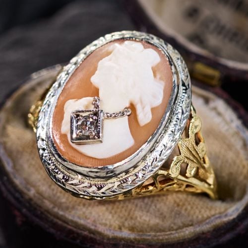 Final Sale: Shell Cameo Ring w/ Diamond Accent Two Tone 14K Gold