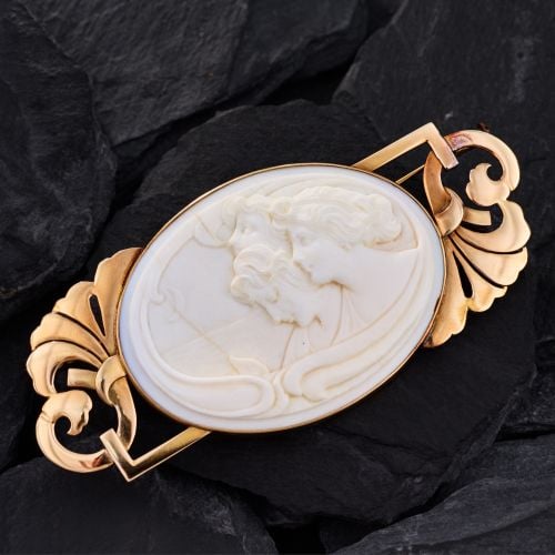 Hand Made Art Nouveau Shell Cameo Brooch Pin Three Graces 14K Gold
