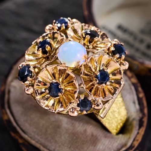 Opal & Sapphire Floral Cluster Ring 14K Yellow Gold