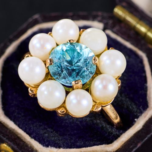 Pearl & Zircon Ring 14K Yellow Gold