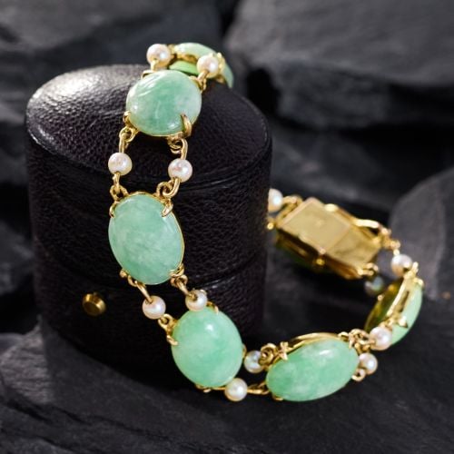 Pearl & Jade Cabochon Bracelet 14K Yellow Gold 6-Inch