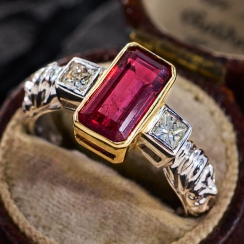Rubellite Tourmaline Ring w/ Diamonds 18K Two-Tone Gold