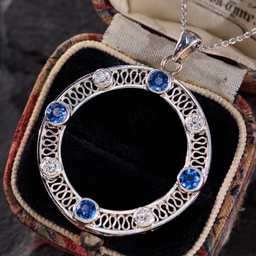 Diamond & Sapphire Circle Pendant Platinum/14K White Gold