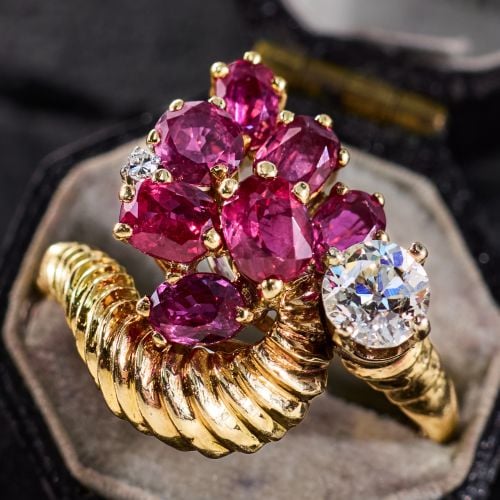 Ribbed Ruby & Diamond Ring 14K Yellow Gold
