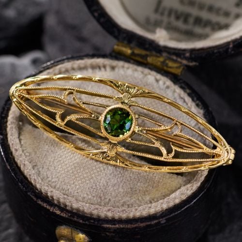 Antique Filigree Tourmaline Pin Brooch Yellow Gold