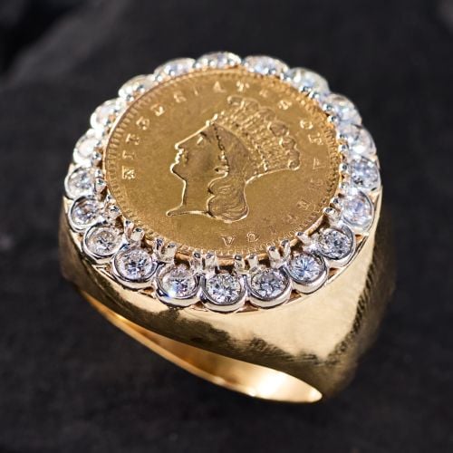 1856 US 1$ Gold Coin Ring w/ Diamond Halo 14K/ 18K Gold