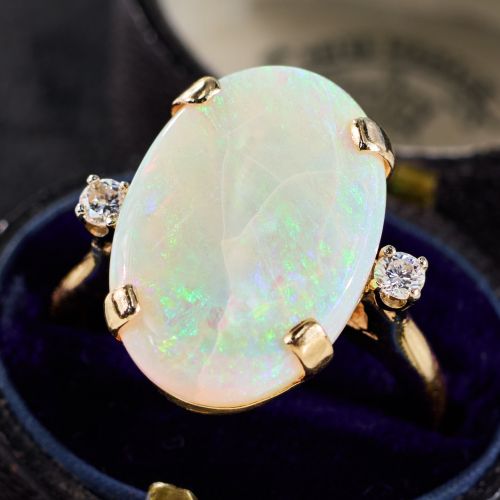 White Opal Ring with Diamond Accents 14K Yellow Gold