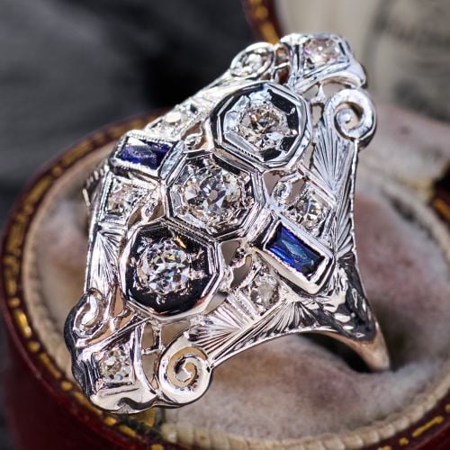 Art Deco Three Stone Diamond Dinner Ring 14K White Gold 