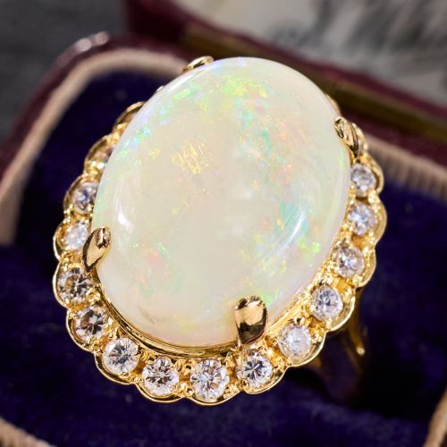 Bright Opal Cocktail Ring w/ Diamond Halo 18K Yellow Gold