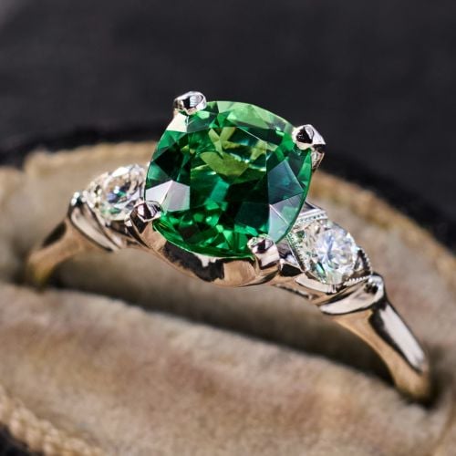 Green Cushion Tourmaline Ring with Diamonds Platinum