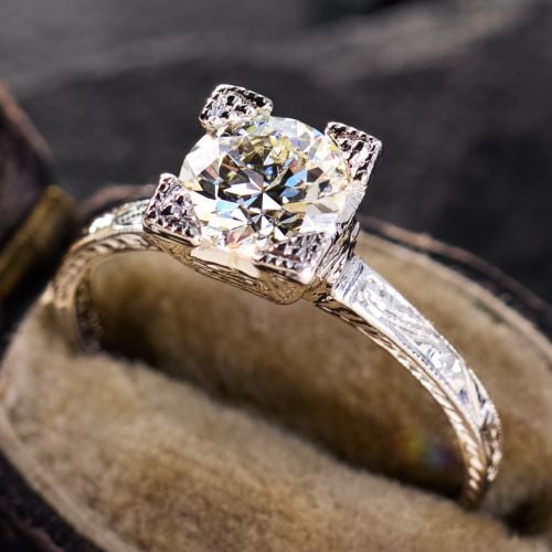 Heirloom Engraved Diamond Engagement Ring Platinum .81Ct J/VVS2 GIA