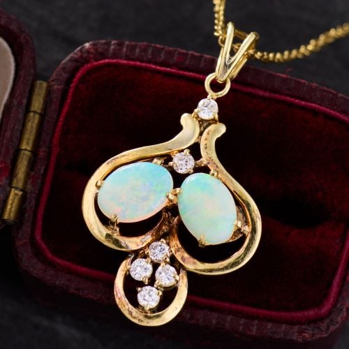 Double Opal Pendant Necklace w/ Diamonds 14K Yellow Gold