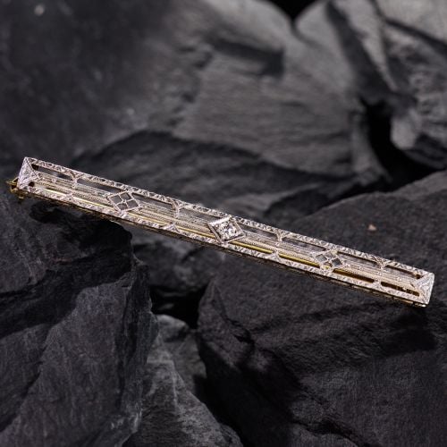 Antique Filigree Bar Pin w/ Diamond Platinum/14K Yellow Gold