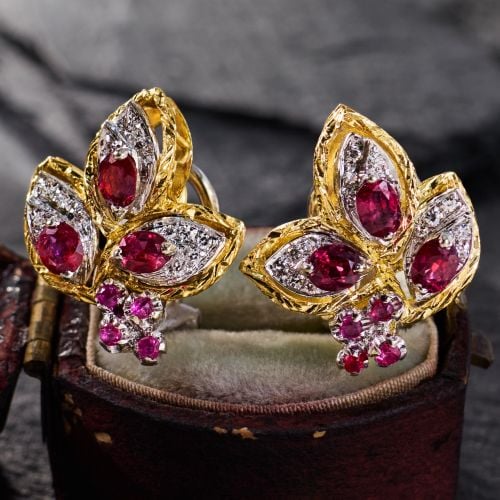 Vintage Clip-On Ruby & Diamond Leaf Earrings 18K Two-Tone Gold