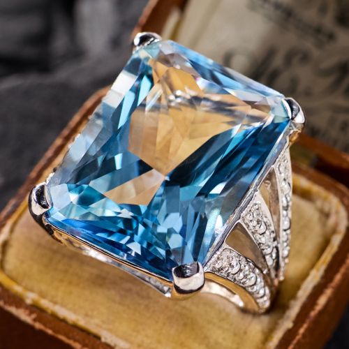 Blue Topaz Cocktail Ring w/ Diamond Accents in 14K White Gold