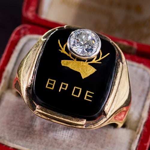 Vintage Men's BPOE Elks Onyx & Diamond Signet Gold Ring