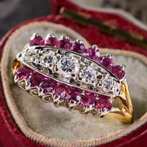 5-Stone Diamond Ring w/ Rubies 14K Two Tone Gold