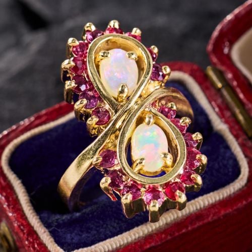 Opal & Ruby Infinity Symbol Ring 14K Yellow Gold
