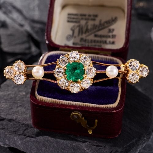 Victorian Emerald & Antique Diamond Bar Brooch 14K Yellow Gold 