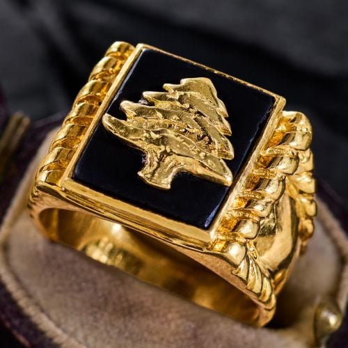 Evergreen Tree Black Jade Men's Ring 18K Yellow Gold