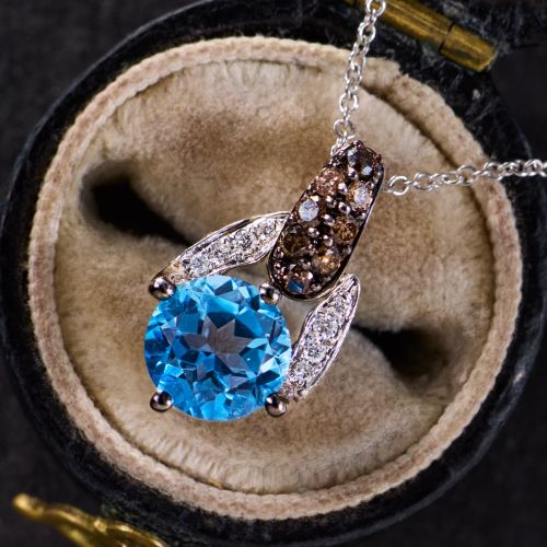 LeVian Chocolate Diamond & Blue Topaz Pendant Necklace 14K White Gold