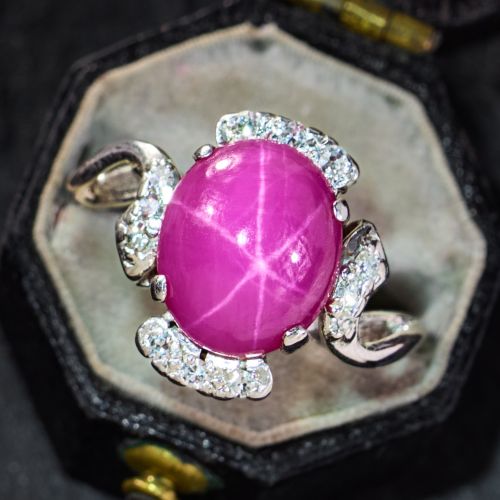 Vintage Lab Created Star Ruby Ring w/ Jacket White Gold Size 5.5