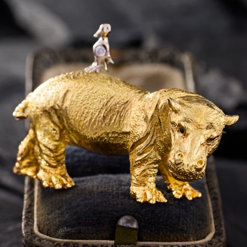 Tiffany & Co. Hippo Brooch Pin w/ Sapphire & Diamond Accents in 18K Yellow Gold