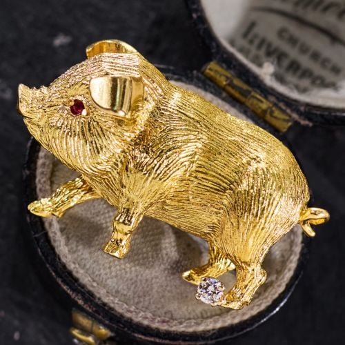 Diamond & Ruby Pig Brooch Pin 18K Yellow Gold